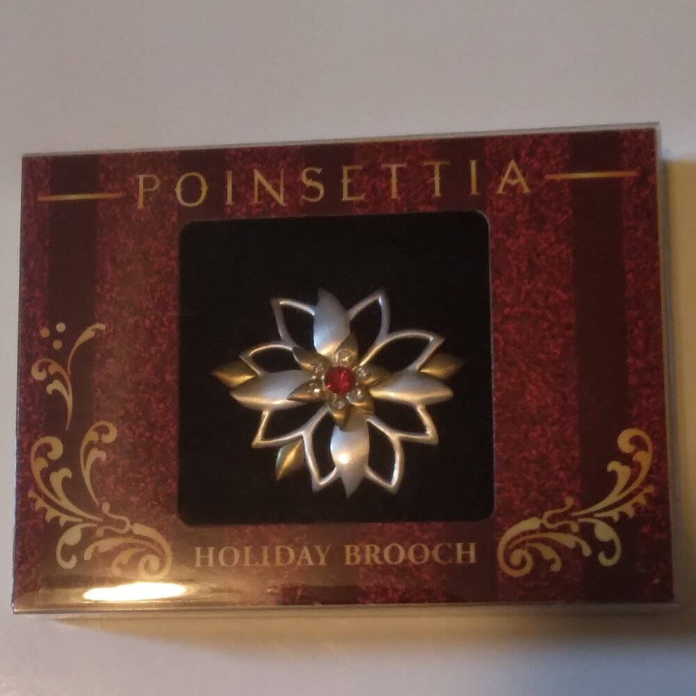 POINSETTIA HOLIDAY BROOCH ACCENT PIN 1 RED MAIN STONE AND 6 SIMULATED DIAMONDS